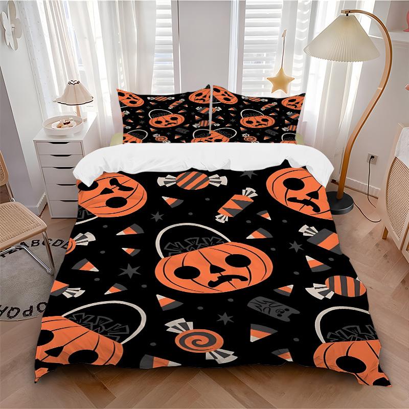 3Pcs Pumpkin, Halloween Printed Bedding Set, Breathable And Soft, Machine Washable, Christmas Gift, Suitable for Bedroom Decoration, 15144