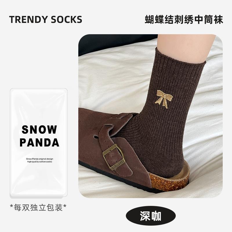 Bow Socks Women'S Autumn Korean Wind Cotton Socks Retro Medium Tube Socks Solid Color Women'S Socks Medium Tube Stacking Socks