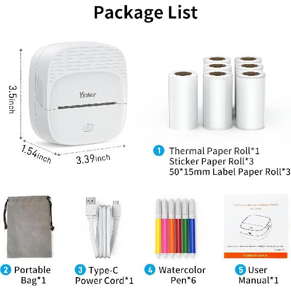 Mini Sticker Printer, Portable Thermal Inkless Printer with Auto-Calibration, Bluetooth Compact Label Maker with 7 Rolls (3 Paper Types) & 6 Colored