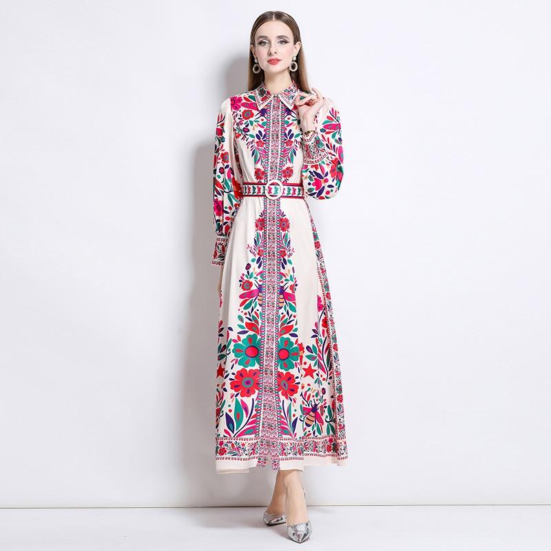 Spring Autumn Women Vintage Print Runway Dresses Single Breasted Long Maxi Party Belt Robe Dress for Graduation