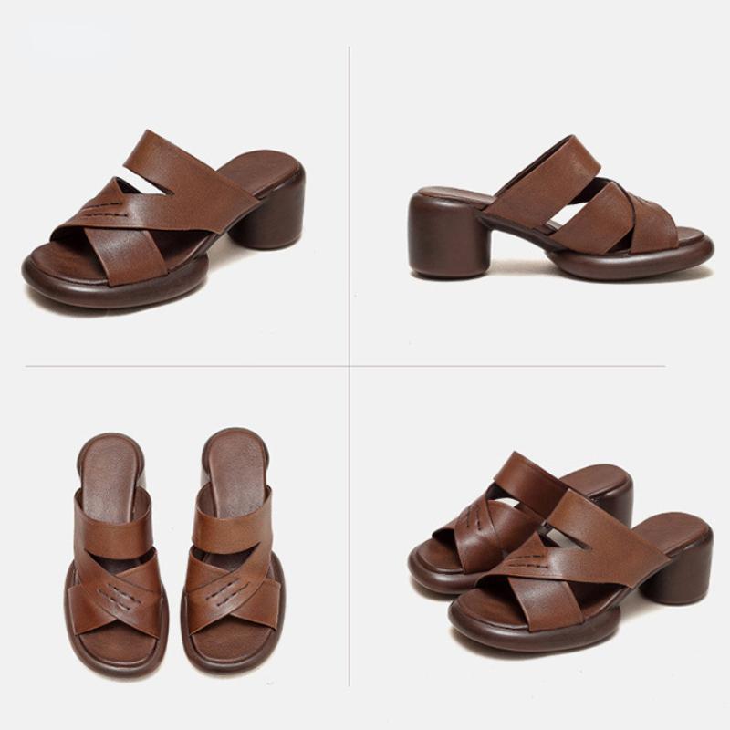 Johnature Hollow Out Breathable High Heel Slippers Genuine Leather Peep Toe Casual Slides Versatile Women Shoes