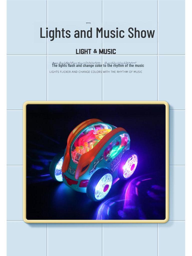 Electric Stunt Dump Truck with Music, Lights & 360° Rotation - Transparent Gear Toy for Kids