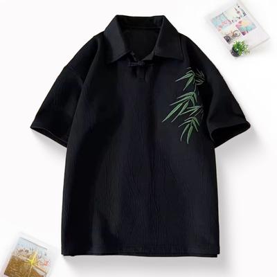 Camiseta Masculina Estilo Chinês Manga Curta Lapela Camiseta Retrô Corte Solto Camiseta com Padrão de Bordado de Bambu para Uso Diário Rua