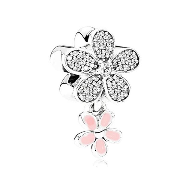 100 %Real 925 Sterling Silver Pink Enamel Flower Ribbon Charms Beads Fit Original Bracelet For Women Jewelry Making