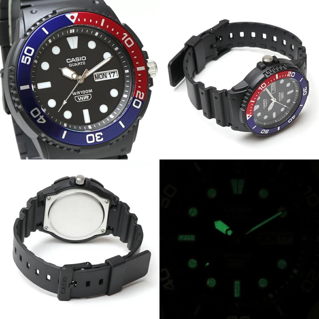 CASIO Analog 100M Water Rotating Calendar MRW-230H Men's Watch, Resistant, Aluminum, Bezel, Day/Date Display, (Blue/Red) [Used]
