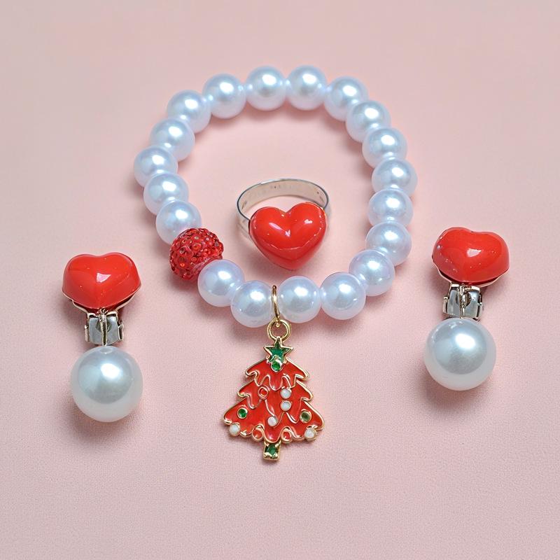 

Детский рождественский браслет из жемчужных бусин и набор клипс для ушей и колец в виде снежинок Санты