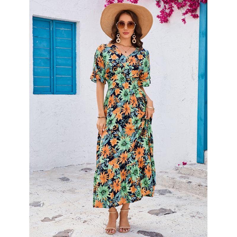 

Bohemian Summer New V-neck Sunflower Rayon Printing Waist Hugging Frill Bat Sleeve Dress Long dress Multicolor XL