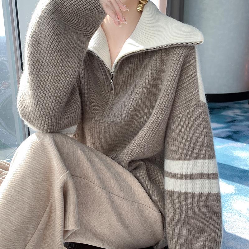 Women's Wool Color Block Half-Zip Casual Sweater with Big Lapel