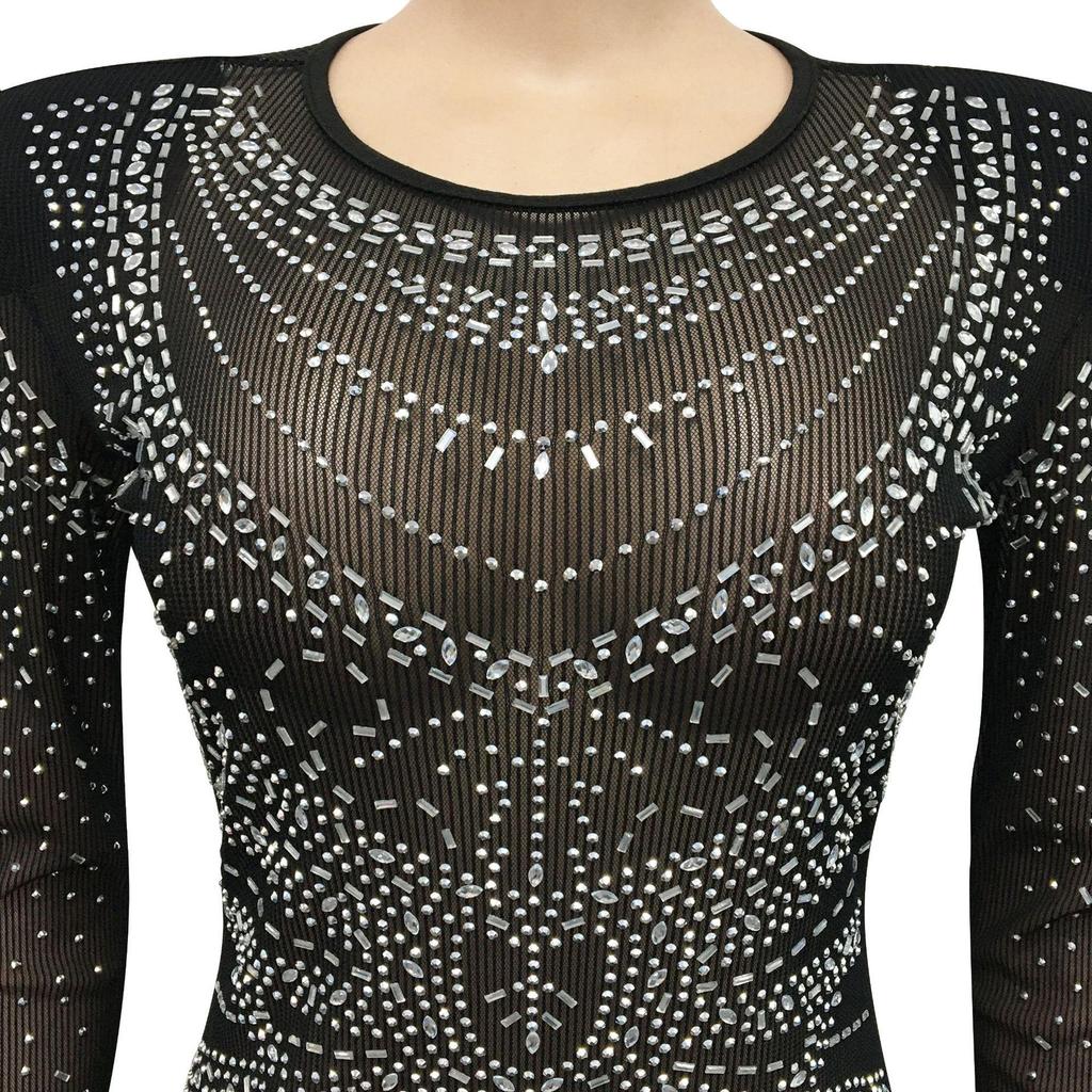 European & American Fashion Women's See-through Mesh Long Sleeve Slit Dress with Hot Drilling Details.