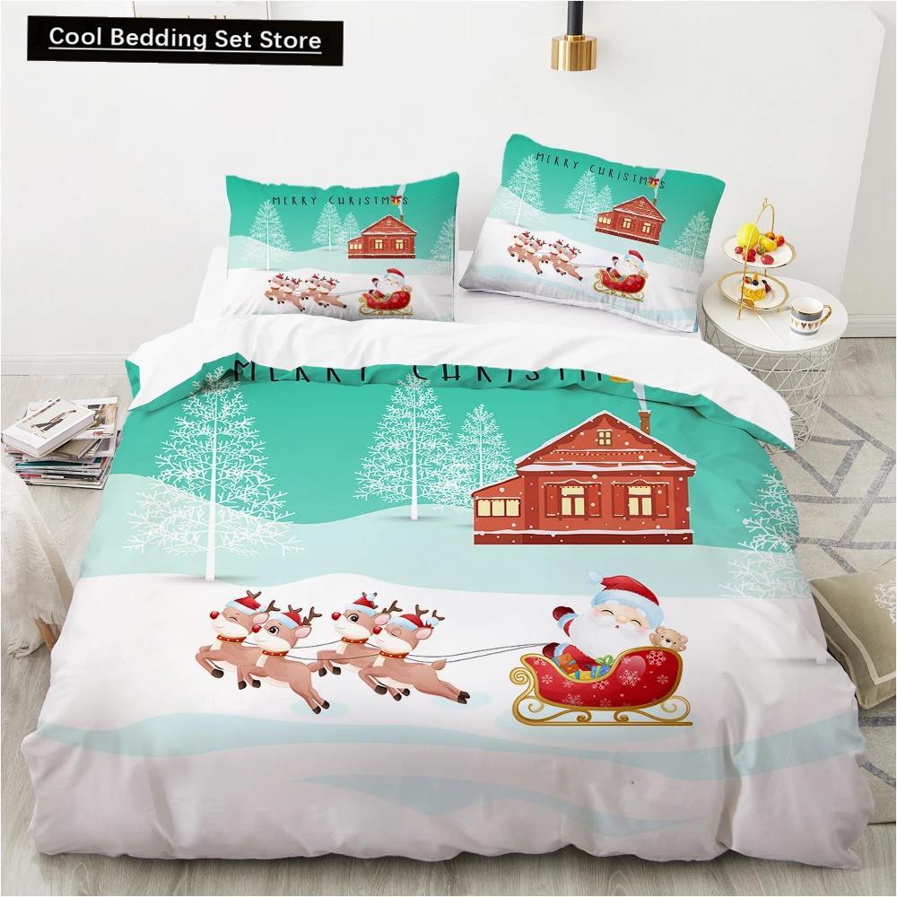 Merry Christmas King Queen Duvet Red Cartoon Santa Car Animals Bedding Set for Children Boy Girl Happy Holiday Theme Quilt Cover