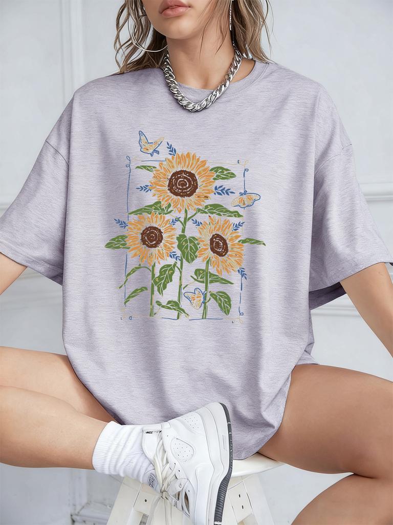 Sunflower Oil Printing Prints TShirts Womens Summer Cotton Short Sleeve T Shirt Loose ONeck Comfortable Tops Casual Clothes