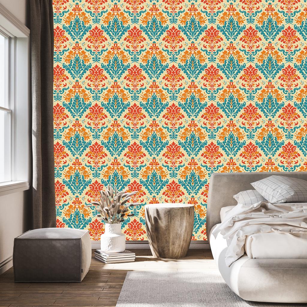 Baroque Damask Wallpaper Peach and Cream 50x1000