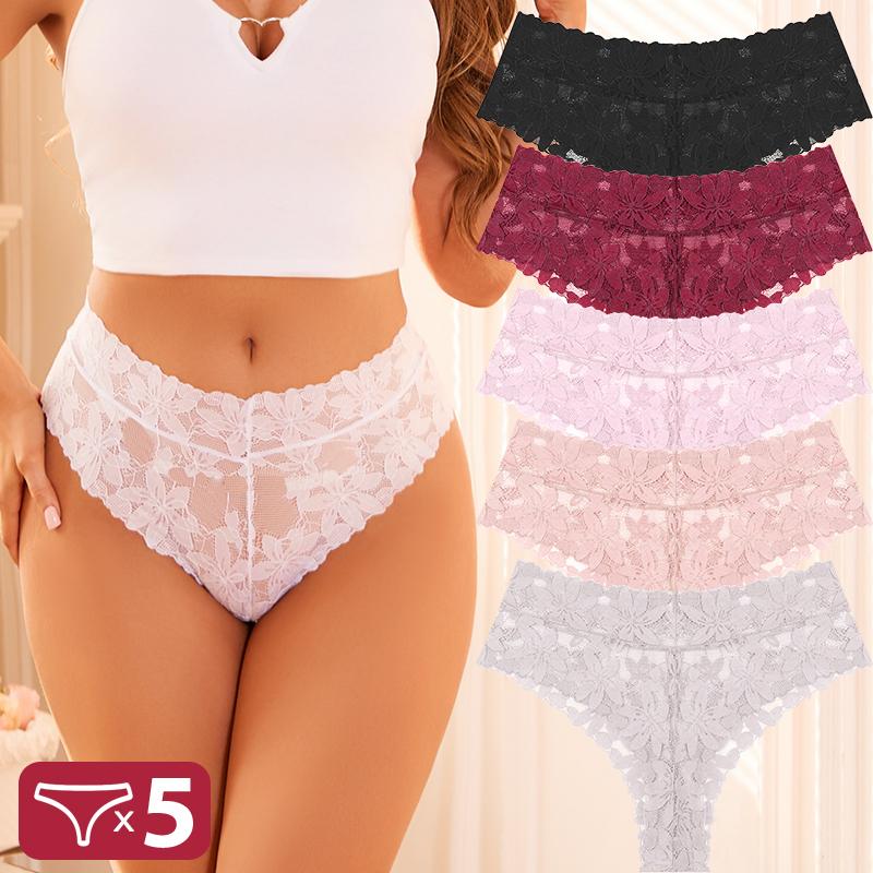 FINETOO 5 Bucăți Tanga Sexy din Dantelă Femei Chiloți cu Talie Joasă Sexy Moi Lenjerie Intimă Doamne Chiloți Florali Trendy Lenjerie Intimă Femei