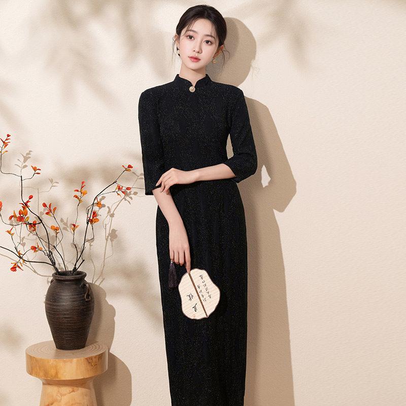 Black national style new Chinese long-sleeved improved cheongsam new women's high-end sense retro slim spring and autumn clothing