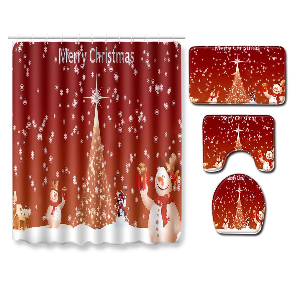Christmas Printed Shower Curtain Floor Mat Four-Piece Bathroom Toilet Non-Slip Absorbent Carpet Toilet Non-Slip Door Mat