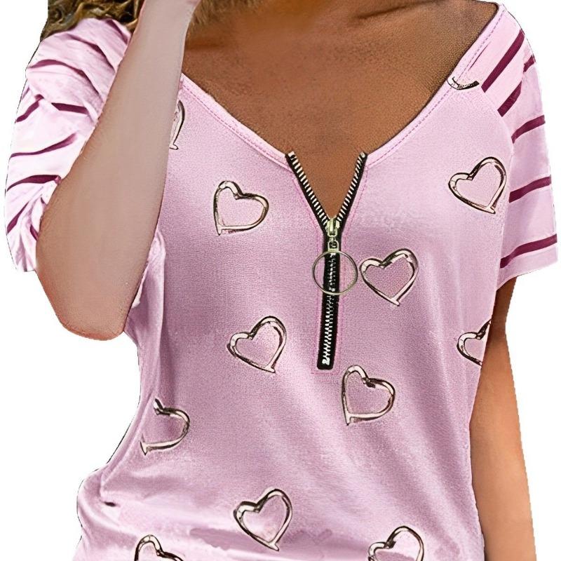 Women's New Summer Women's Clothing. Standing Station. Love Printed Zipper Short Sleeve T-Shirt Women