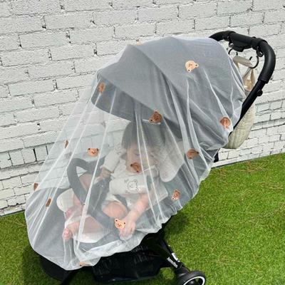 Cubierta para Cochecito de Bebé Transpirable Malla Mosquitera Cochecito Bordado de Dibujos Animados Oso Parasol Accesorios para Cochecito Viaje Cortina de Gasa