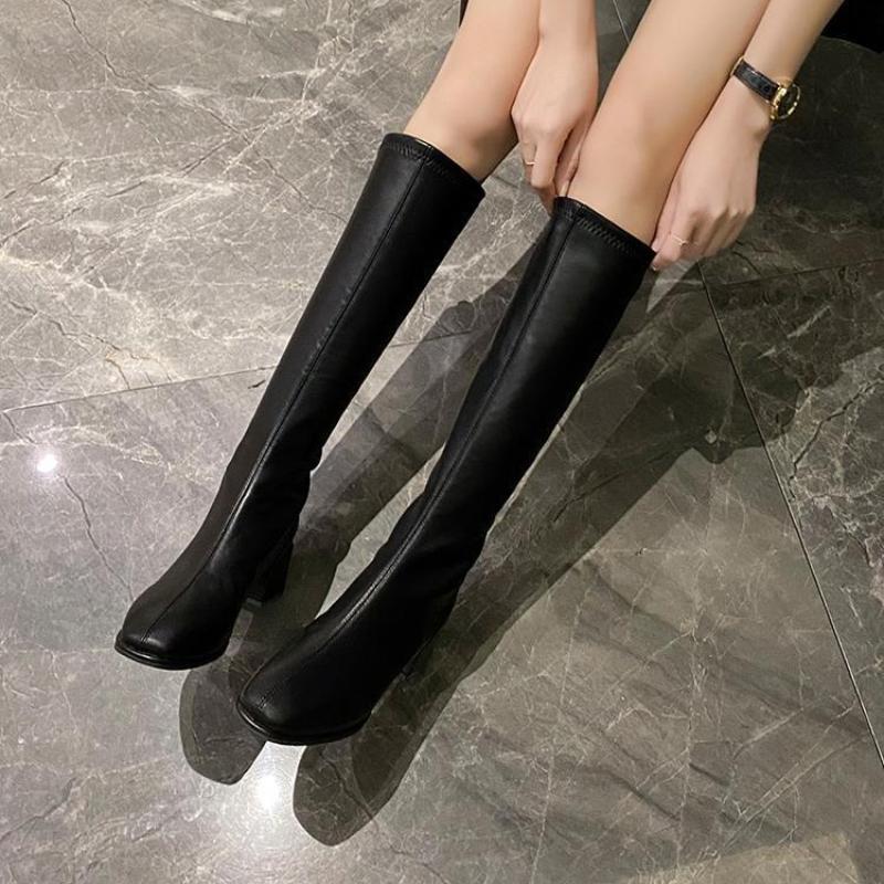 Middle Heel Knee High Shaft Shoes Woman Square Toe Leather Long Boots for Women Autumn Winter Goth New in 2025 Pu Footwear Sale