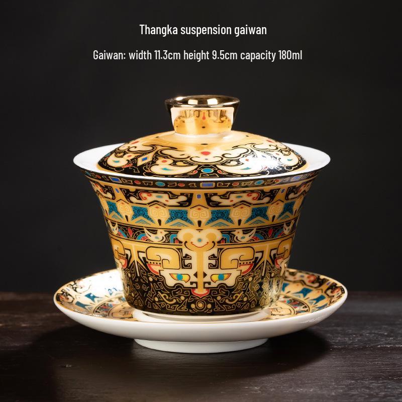 Rotating Sancai Gaiwan: Enamel Color Mutton Fat Jade Porcelain Tea Bowl with Lid for Kung Fu Tea Brewing.