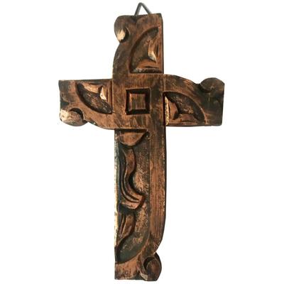 Wooden Wall Cross: Handpainted Mangowood Plaque (Golden Brown)