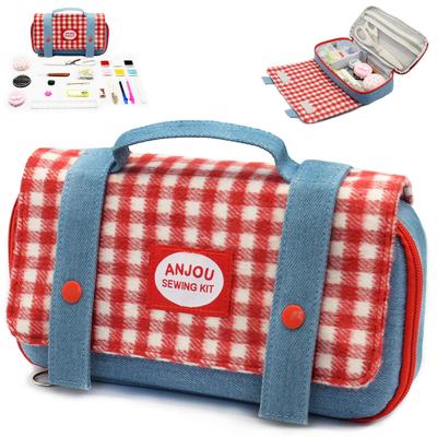 Šitie šitie základná škola šitie šitie ľahko prenosná súprava, súprava, študent, krabica, súprava, dievčatá, roztomilý, (grid-denim)