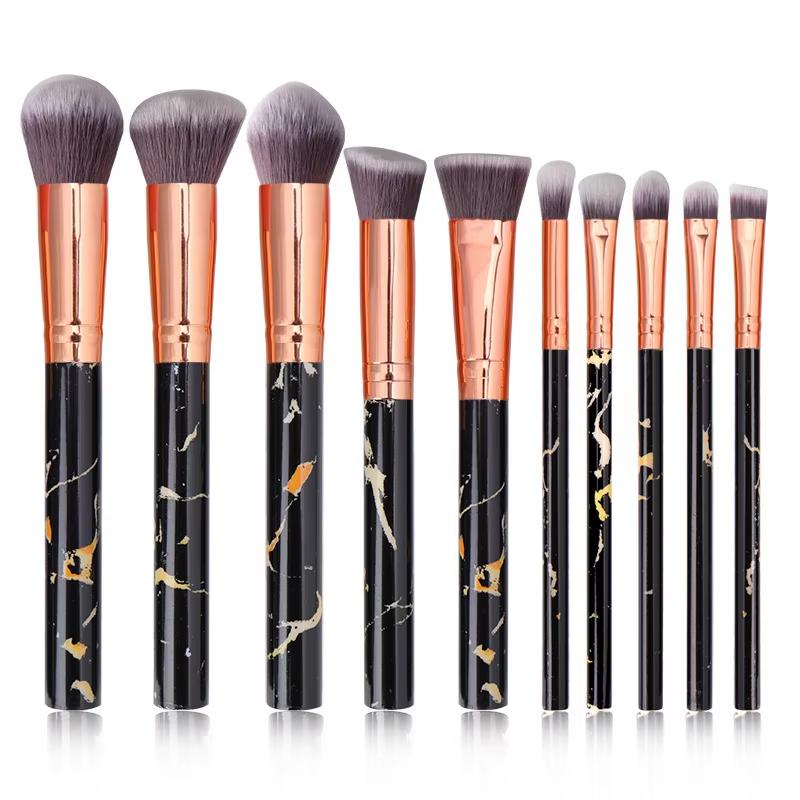 Professional 10pcs Flat Style Kabuki Makeup Brushes Set Natural Gemstone with Marble Handle for Face Use with Storage Case