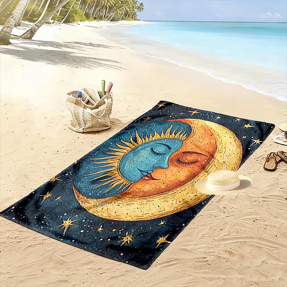Sun and Moon Face with Starry Night - Beach towel quick-drying for travel outdoor sports jogging beach and swimming