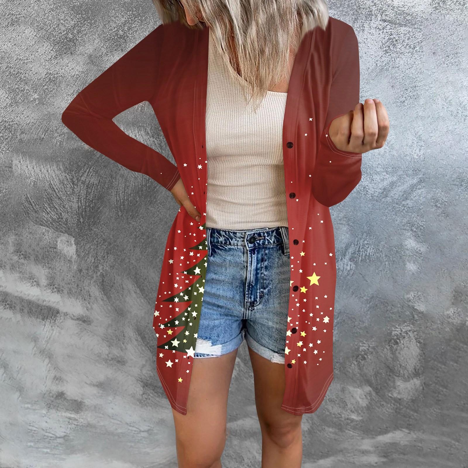 

Женская модная повседневная куртка с длинными рукавами и принтом средней длины, кардиган на пуговицах, пальто M винный