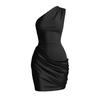 European and American satin single shoulder hip skirt women's slanted shoulder pleated sexy slim nightclub party dress dress
