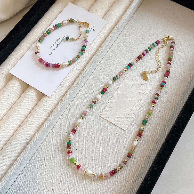 Freshwater Pearl Mixed Color Natural Stone Bracelet Summer Dopamine Necklace Temperament Shoushan Stone Agate Collarbone Chain