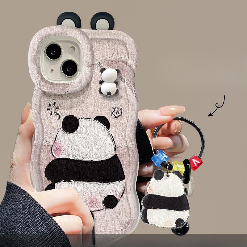 Strukturiertes Panda-Puppen-Lanyard für Apple 14 Handyhülle 15plus Niedlicher Anhänger 13pro Doppelte Halterung Ins