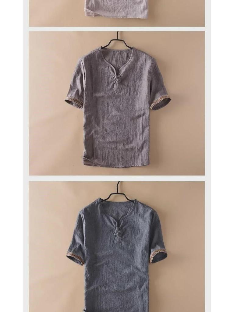 Herren-T-Shirt mit kurzen Ärmeln und chinesischem Knopfmuster aus Leinenimitat