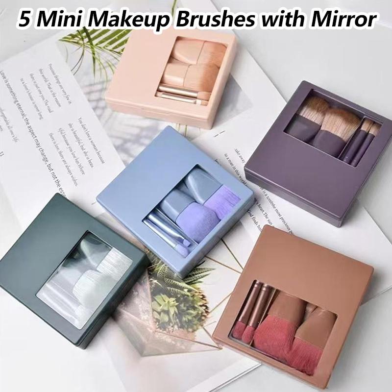 5Pcs Portable Makeup Brush Set With Mirror - Foldable Travel Kit ,Mini Makeup Brush Set Travel Makeup Brush Set