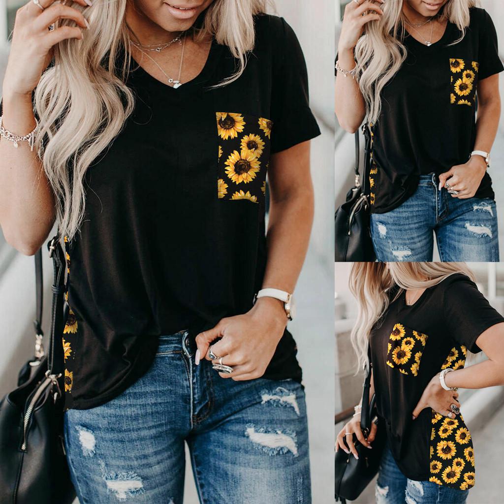 

(SU)Women s V-neck Sunflower Printing Splicing Short Sleeve Shirts Blouses Tops