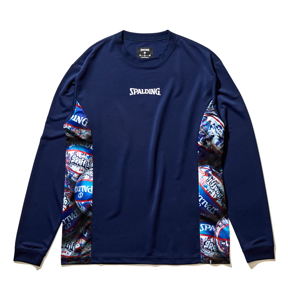 SPALDING Basketball Long Sleeve T-Shirt with Ball Print On the Side, Navy, Size M (SMT22125)