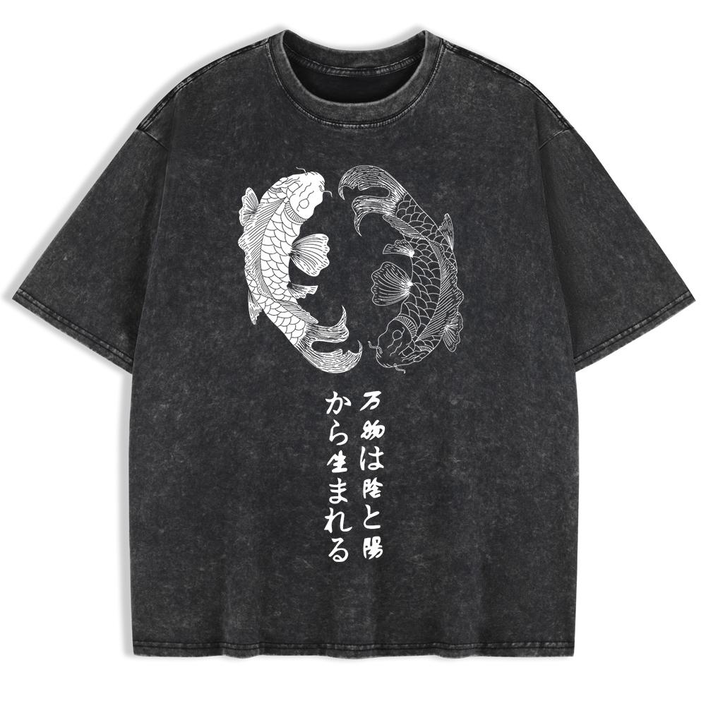 Japanese Koi Harajuku Printed Washed T-Shirts Mens Cotton Short Sleeve Tops Casual O-Neck Oversize T Shirt Soft Clothes