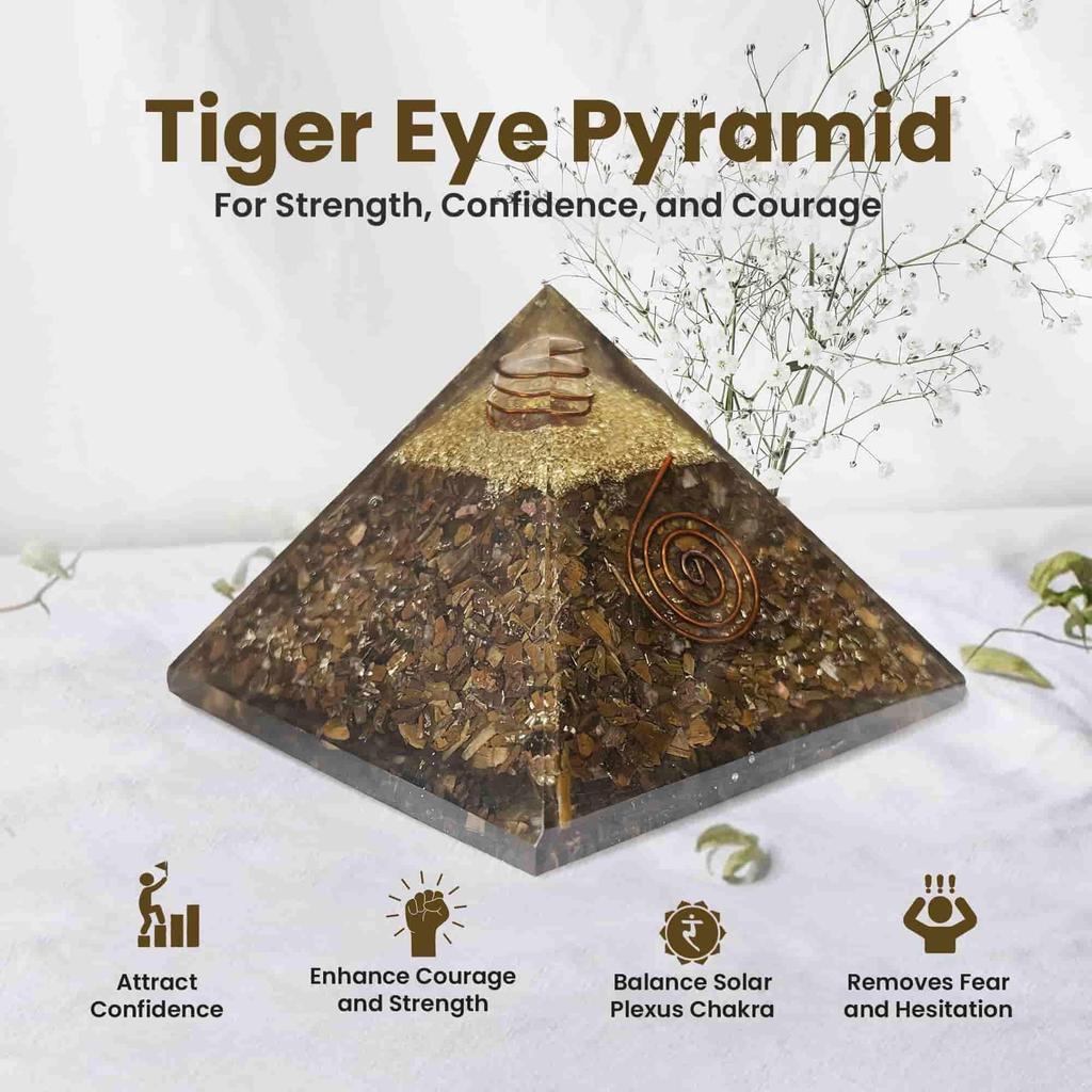 Original Tiger Eye Pyramid - Certified Natural Brown Stone Vastu Pyramid for Confidence, Willpower, Strength, Courage, Chakra Healing, and Reduct