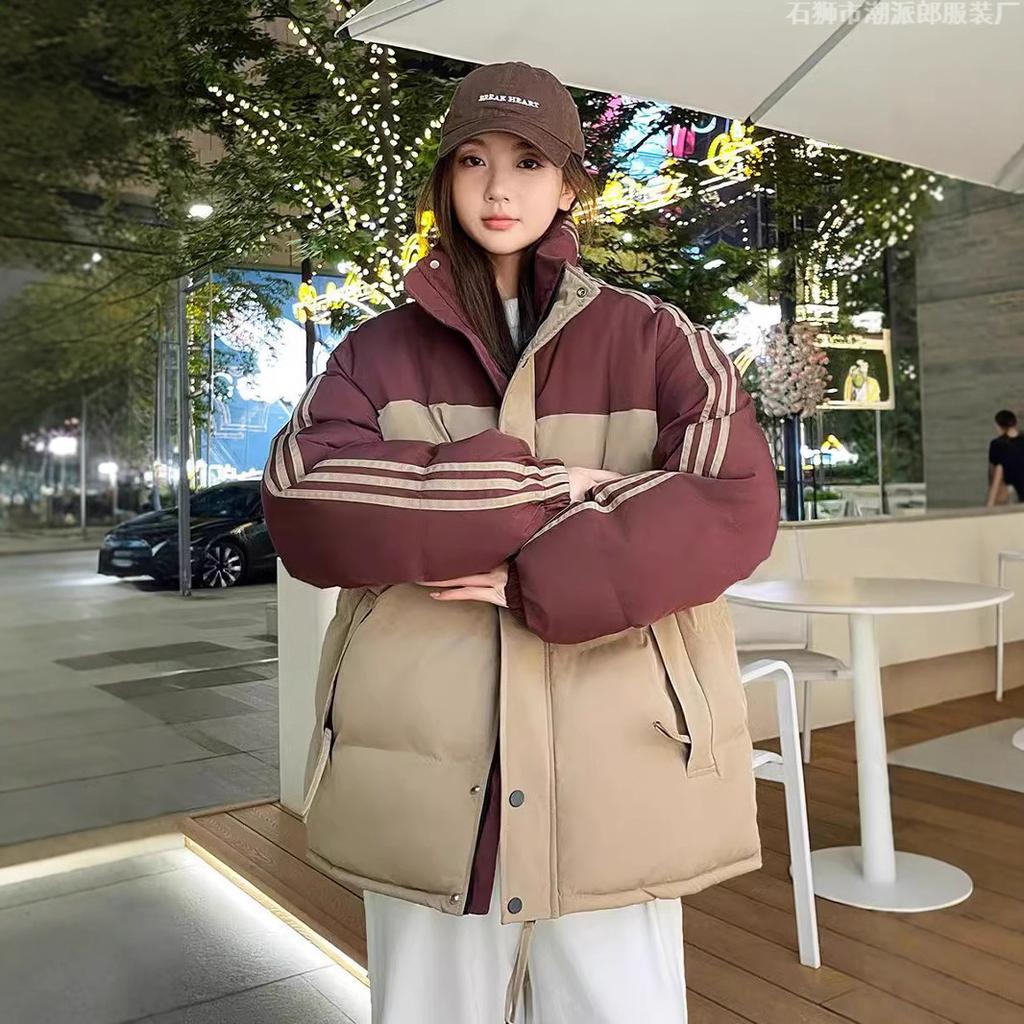 Padded-on men's new winter thickened couple padded jacket warm striped jacket men's versatile winter stand-up collar padded clothes women