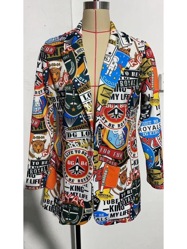 European & American Women's Mid-Length Printed Casual Blazer - Spring/Autumn 2024 Fashion
