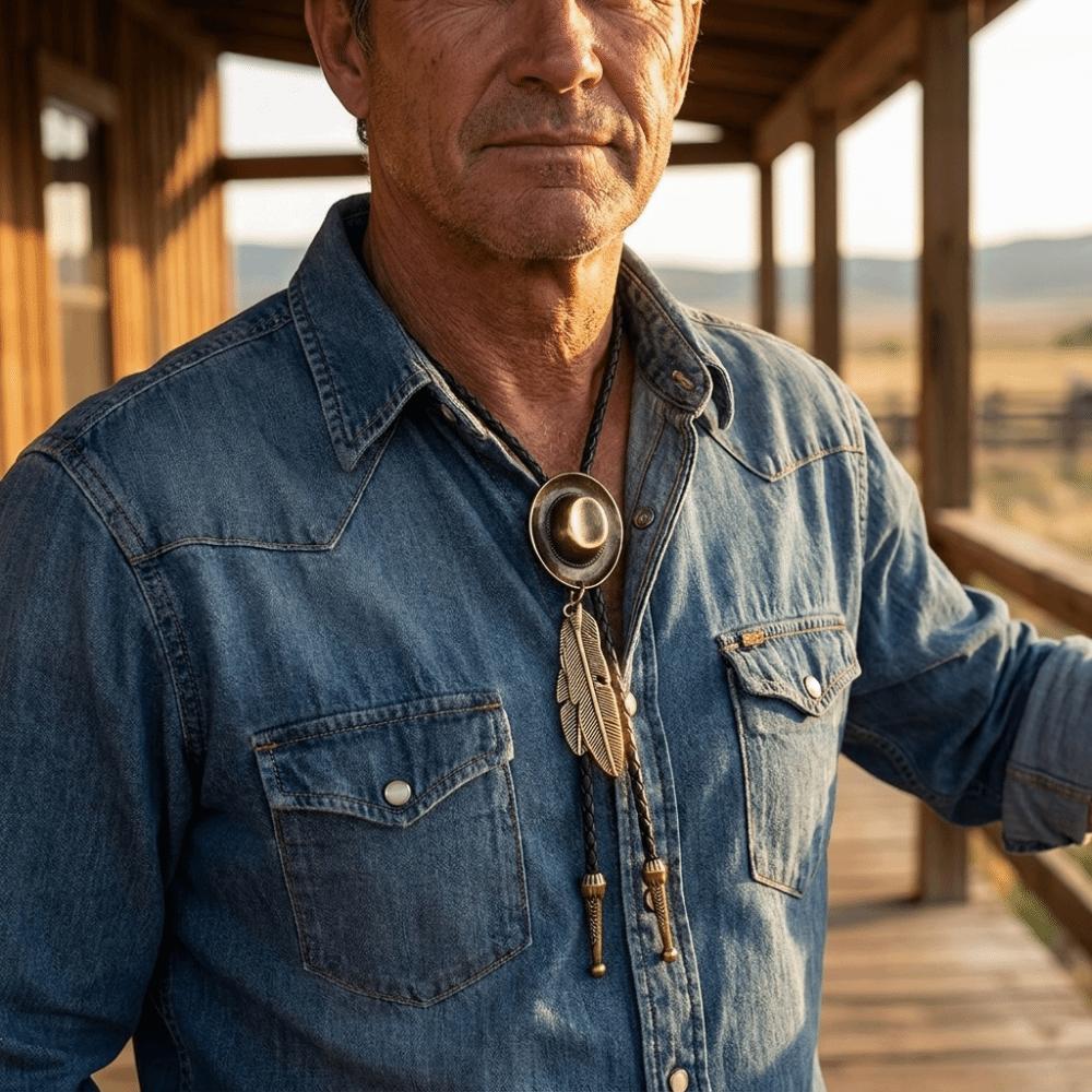 Vintage Western Cowboy Hat Necklace Unisex Metal Feather Necktie Long Pendant Chain Western Style