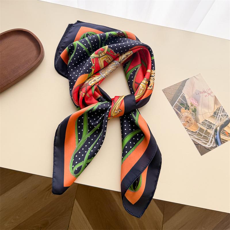 Chain Dot Printed Silk Like Small Square Scarf For Women Sun Protection