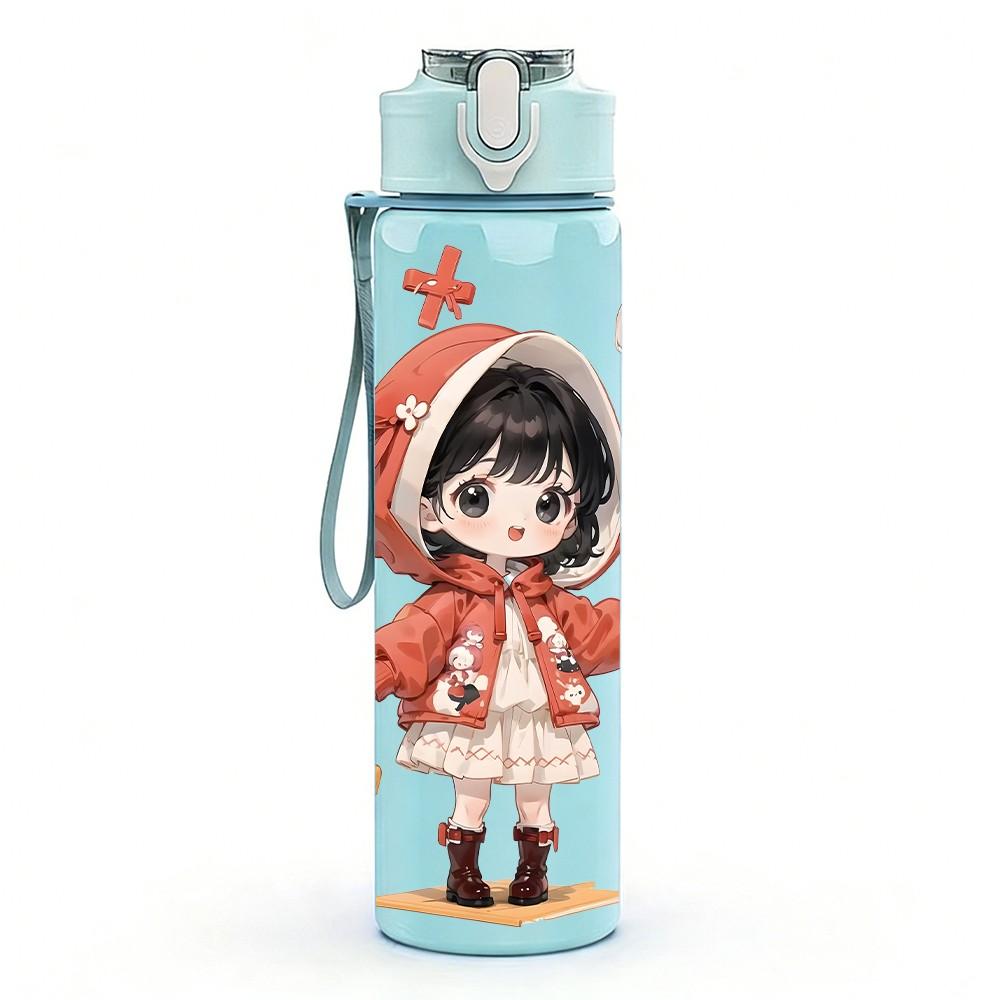 1PC Red Hood Little Girl Winter Style Pattern 750ml Color Plastic Sports Water Bottle Leakproof Flip Straw Lid Suitable for Sports Office Home Use