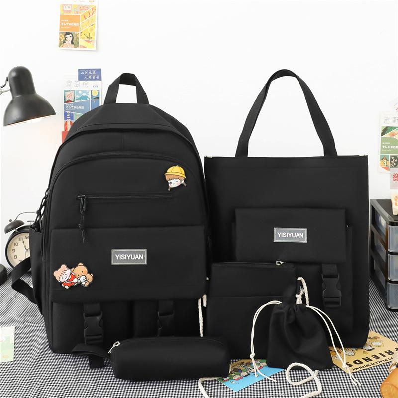 School Bag New Five-piece Set, Primary School Students, Middle School Students, School Bags, Women's Contrasting Colors