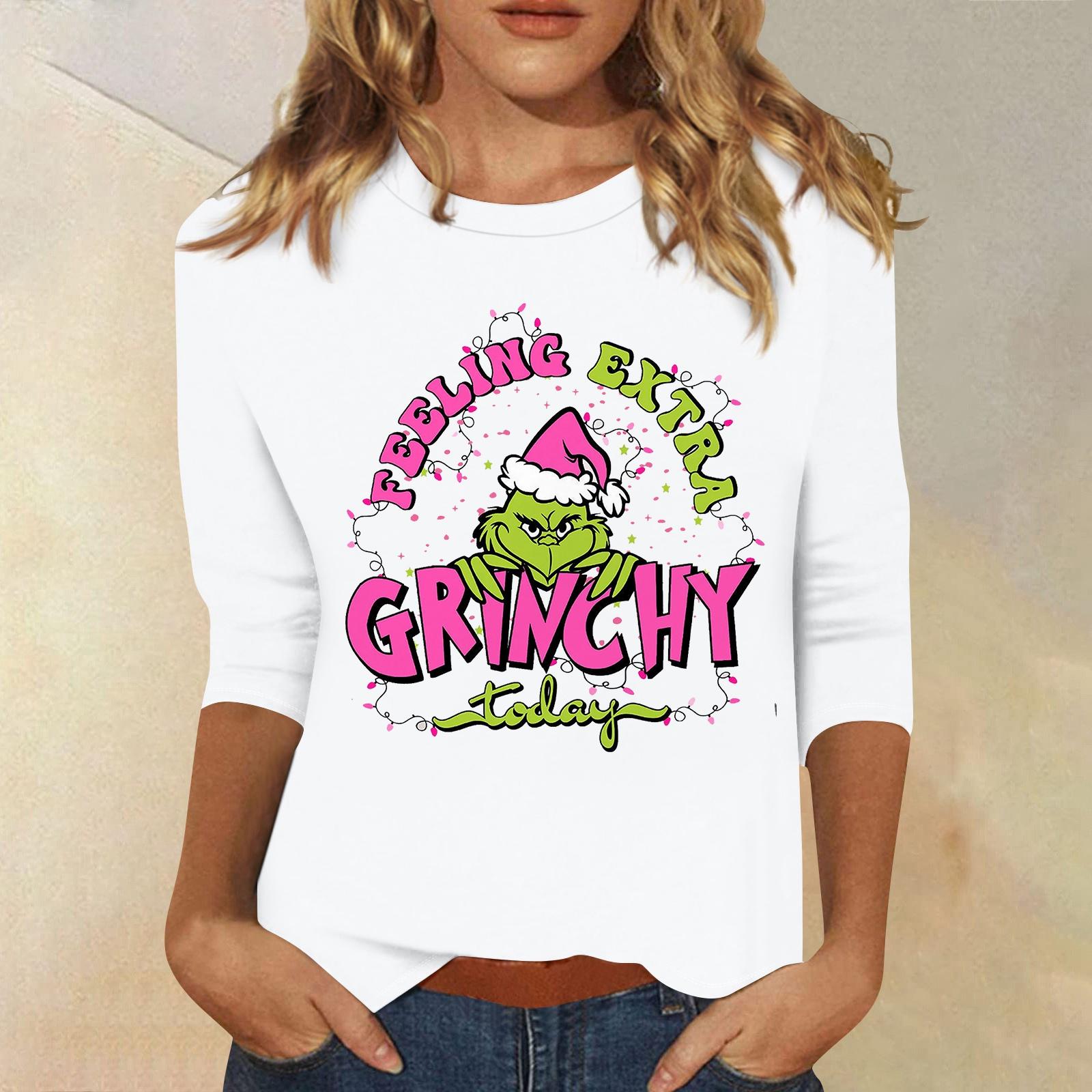 

3/4 рукава топы для женщин футболка повседневные рождественские принты топы футболка круглый вырез пуловер блузка XL белый