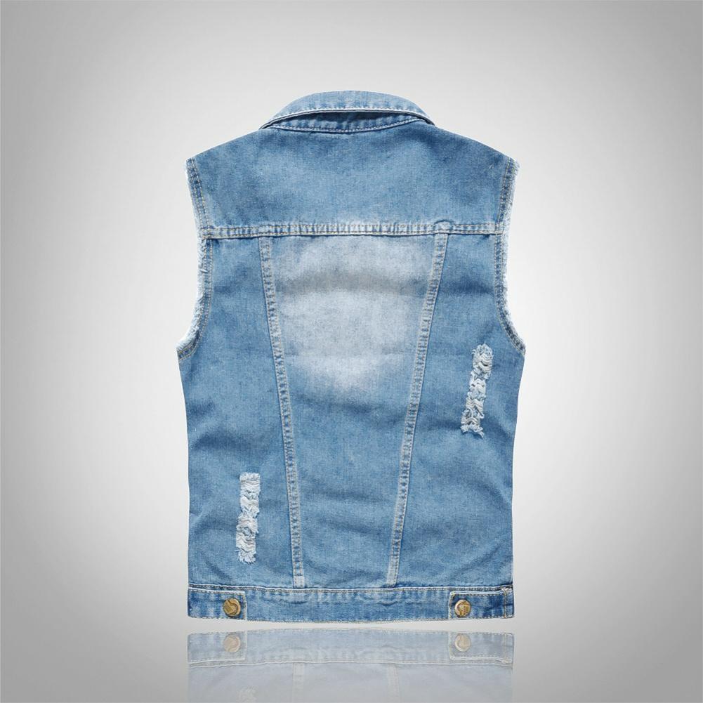 Large Size Slim Trend Men's Denim Vest Men's Light Blue Vest Waistcoat Ripped Denim Vest
