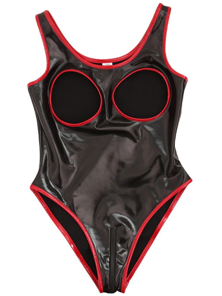 Women's Hollow Out Breast Wet Look PVC Shiny Bodysuit Tops Zipper Open Crotch Erotic Tights Body Teddies Clubwear PU Catsuit