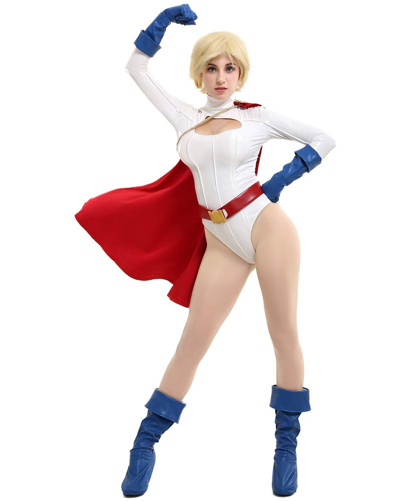 Miccostumes Superheroine Cosplay White Bodysuit with Leotard and Cape Women's Costume, (Small)