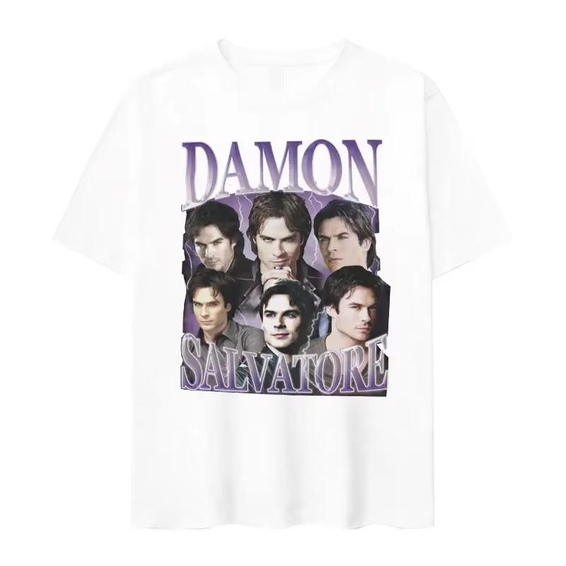 Damon Salvatore IanSomerhalder TV Drama Pattern Tshirt for Men Women Retro Gothic Fashion Oversized Shirt Short Sleeve Casual Clothing