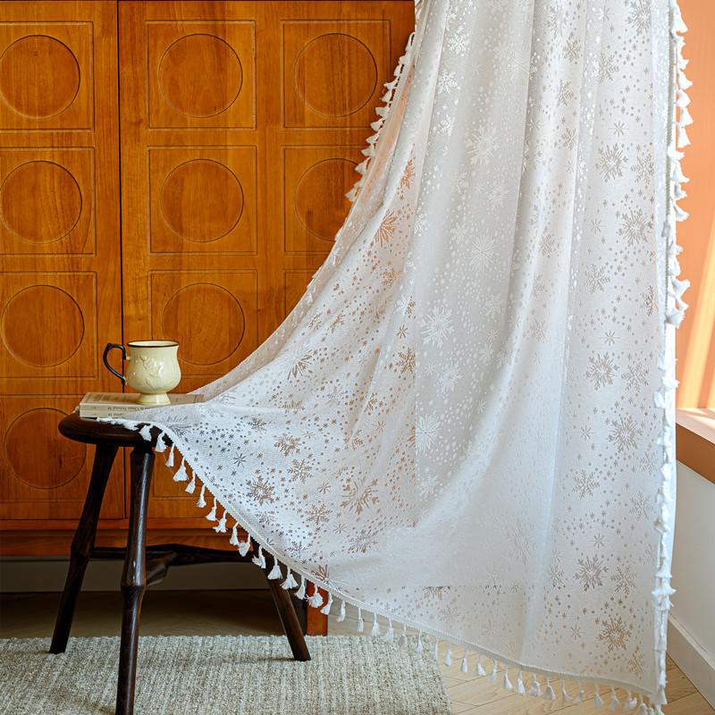 French Translucent Curtains Bohemian Style Hollow Lace Fabric Four Season Universal Living Room Decoration Drapes Vintage Tassel Fabric Curtain