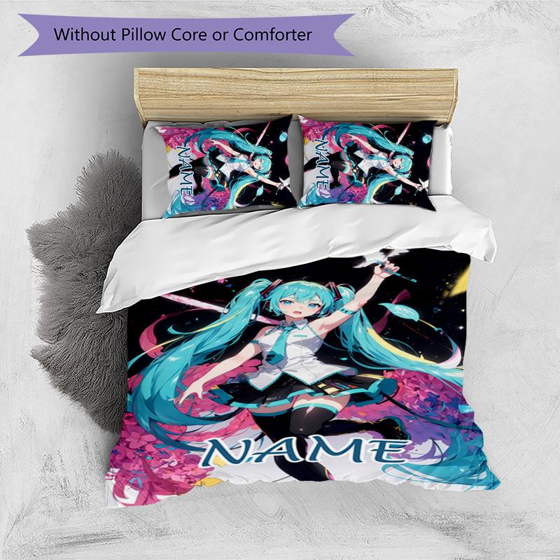 Set Copripiumino Hatsune Miku 3 Pezzi - Nome Personalizzato, Biancheria da Letto Stampata HD con 1 Copripiumino e 2 Federe - Perfetto per l'Arredamento della Casa, Facile da Curare